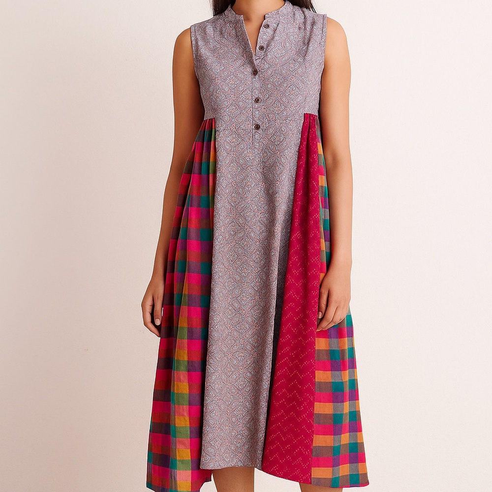 Gray A-Line Midi Dress with Mandarin Collar